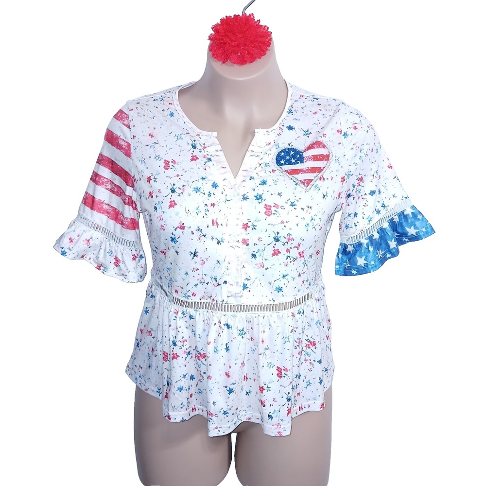 Patriotic Cotton Women Top S Red Blue Heart Stripe Flag Stars Peplum Floral USA
